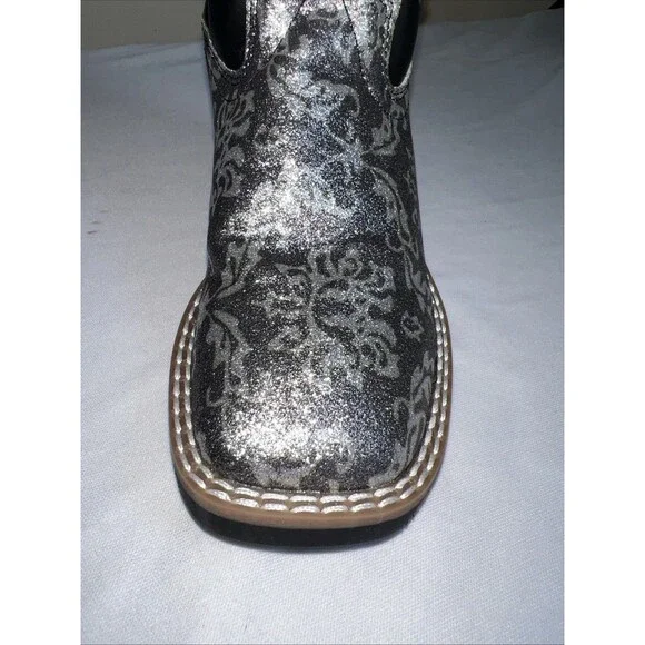 OLD WEST KIDS SQUARE TOE BLACK METALLIC SILVER BOOTS SIZE 11 - Picture 11 of 14